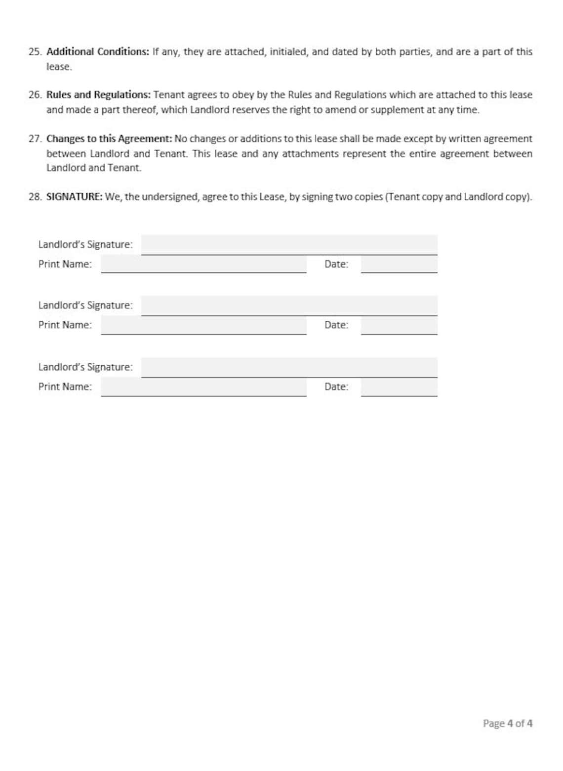 Rental Lease Agreement Printable or Editable in Word. Monthly or Yearly. Residential Lease