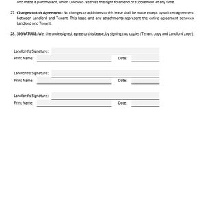 Puede incluir: Un formulario de contrato de arrendamiento en blanco con secciones para condiciones adicionales, reglas y regulaciones, cambios en el contrato y firmas. El formulario incluye espacios para la firma del arrendador, el nombre impreso y la fecha.