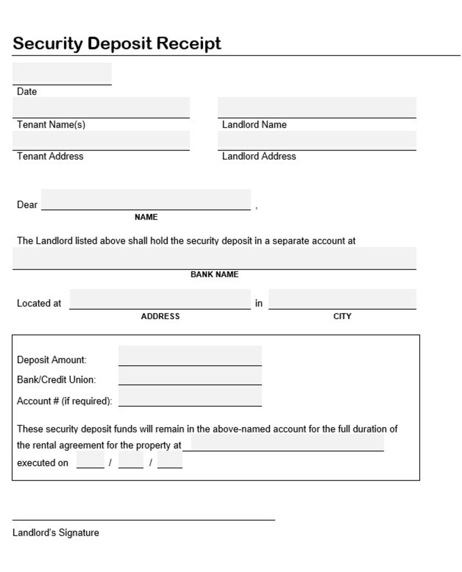 Rent Security Deposit Receipt, Editable/fillable in WORD & PDF, Rental