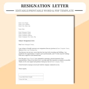 Resignation Letter - Editable in Microsoft Word, Adobe Acrobat PDF or Google Docs. Resignation Work Letter, Resign, Quit Letter.