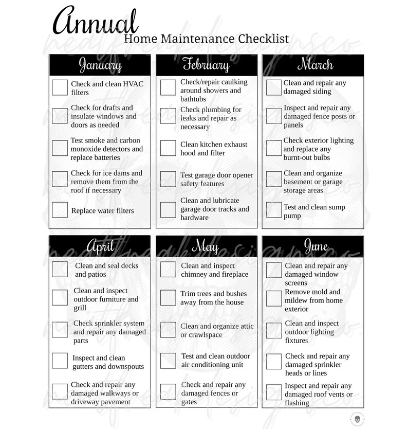 Annual Home Maintenance Checklist Skull Theme Printable Etsy