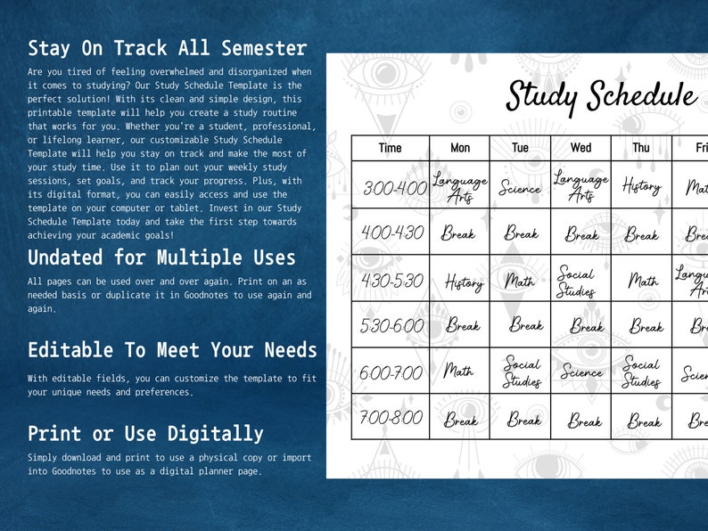 Printable Study Schedule Template Customizable Weekly Study Planner Achieve Your Academic Goals ...