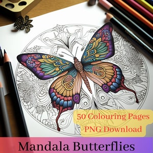 Erwachsene Malbuch Mandala Schmetterlinge 50 Digitale Ausmalseiten (Printable, PNG Download)