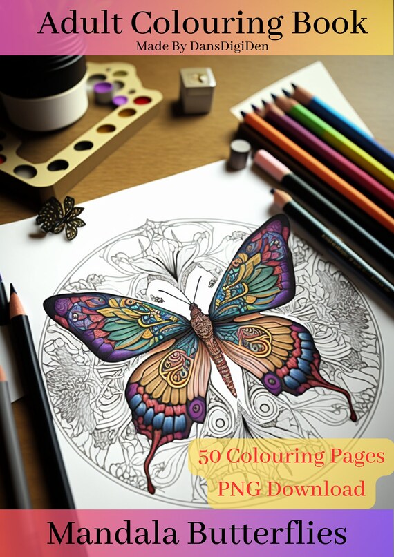 Adult Colouring Book Mandala Butterflies 50 Digital Coloring Pages (Printable, PNG Download)
