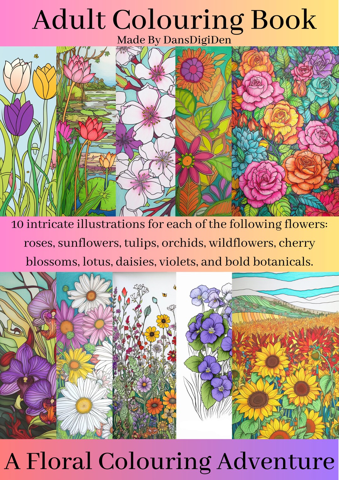 Adult Colouring Book A Floral Colouring Adventure 100 Digital Colouring ...