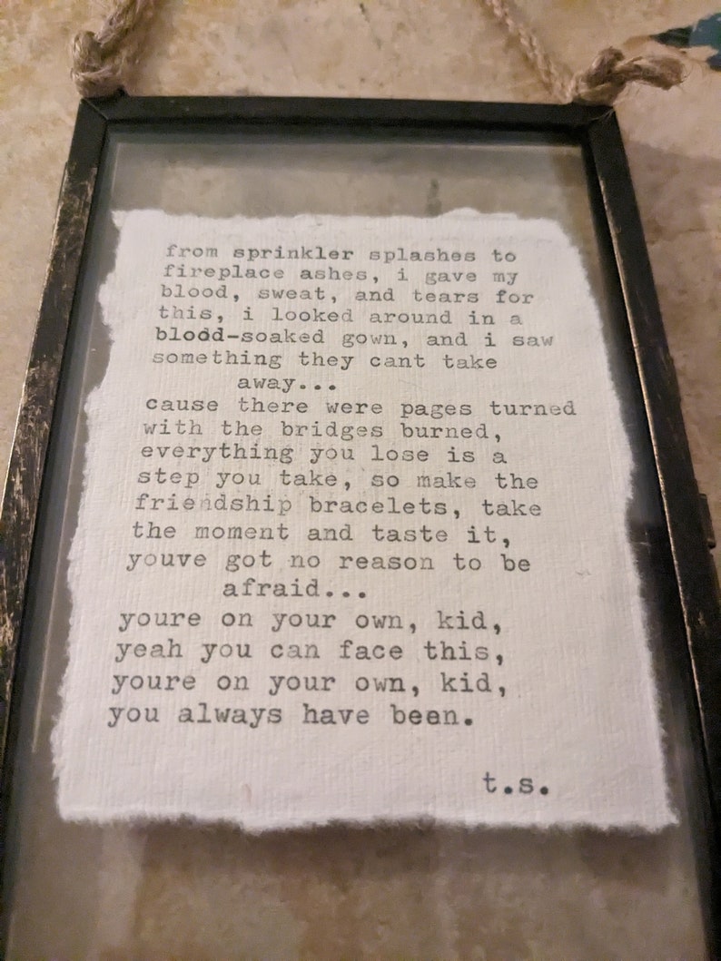You're On Your Own, Kid, Taylor Swift Brass Framed Type Writer Print image 3