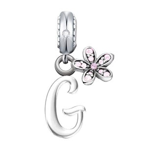 Dije de flor de margarita rosa con inicial de nombre G en plata de ley 925, regalo para pulsera