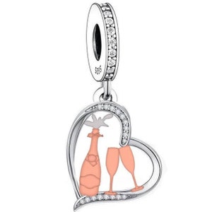 Sterling Silver 925 Champagne Flutes Celebration Heart Charm & Gift Pouch for bracelet