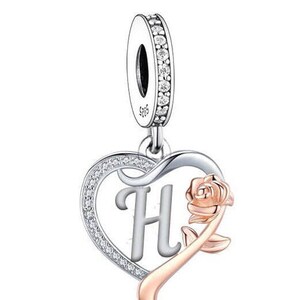 Pingente com letra H, inicial, coração e rosa, prata esterlina 925, para pulseira