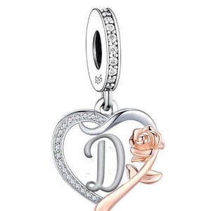 Charm colgante con inicial de nombre D, corazón y rosa, plata de ley 925 para pulsera