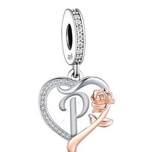 Charm colgante con inicial de nombre P, corazón y rosa, plata de ley 925 para pulsera