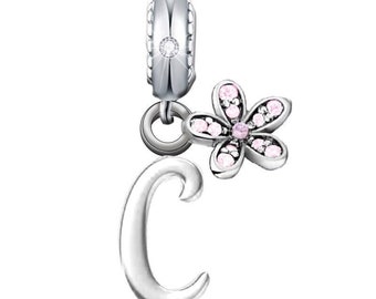 Letter C Name Initial Pink Daisy Flower Charm 925 Sterling Silver Gift