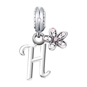 Dije de flor de margarita rosa con inicial de nombre H en plata de ley 925, regalo para pulsera