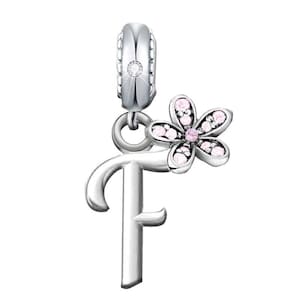 Dije de flor de margarita rosa con inicial de nombre F en plata de ley 925, regalo para pulsera