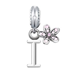Dije de flor de margarita rosa con inicial de nombre I, plata de ley 925, regalo para pulsera