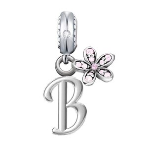 Dije de flor de margarita rosa con inicial de nombre B en plata de ley 925, regalo para pulsera