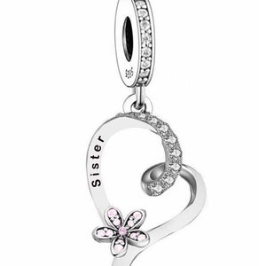 Sister & Sparkling Daisy Heart Charm 925 Sterling Silver Gift for bracelet