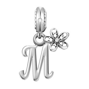 Dije de flor de margarita rosa con inicial de nombre M en plata de ley 925, regalo para pulsera
