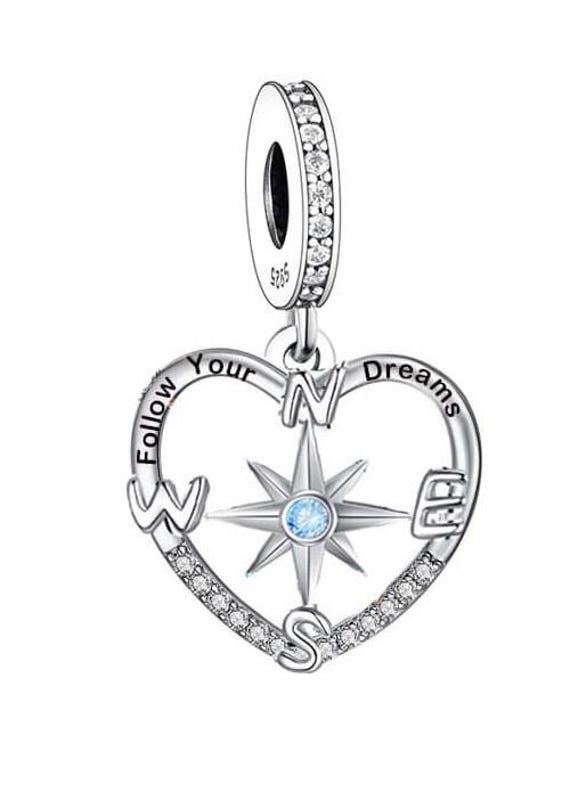 Compass travel heart charm  genuine 925 sterling silver follow your dreams