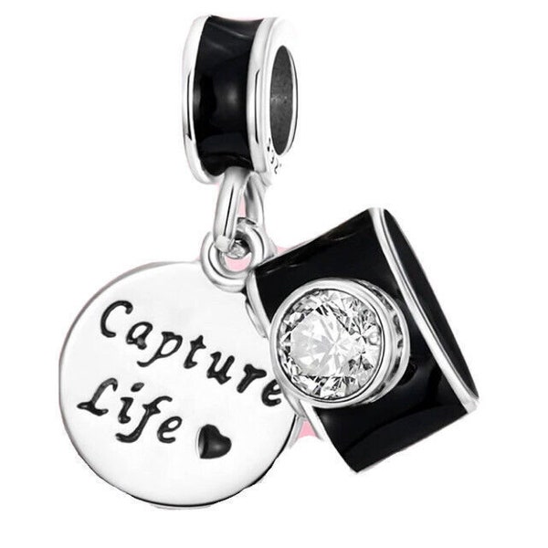 Sterling Silver 925 Capture Life Black Camera Photography Charm & Pouch