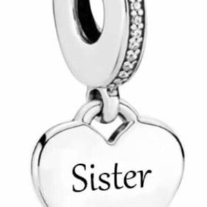 Sister Heart Dangle Charm Genuine 925 Sterling Silver Gift for bracelet