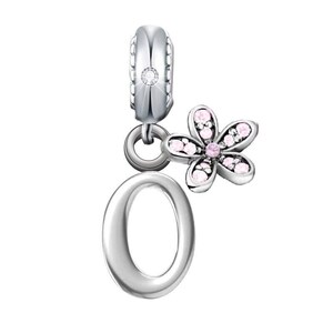 Berloque com inicial de nome em forma de letra O e flor de margarida rosa, prata esterlina 925, presente para pulseira
