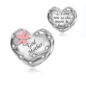 Godmother Pink Flower Charm I Love You To The Moon 925 Sterling Silver Gift for bracelet