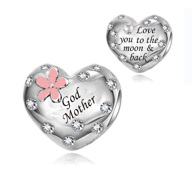 Godmother Pink Flower Charm I Love You to the Moon 925 Sterling
