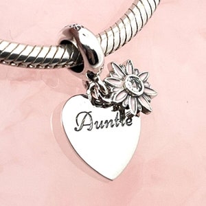 Charm de tía con corazón de flor rosa en plata de ley 925, regalo para pulsera