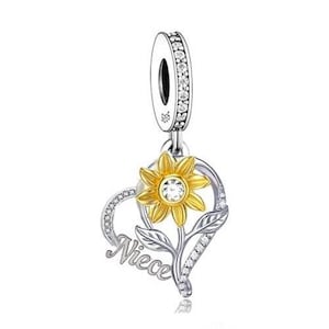 Niece sunflower flower heart charm genuine  925 sterling silver gift