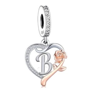 Charm colgante con inicial de nombre B, corazón y rosa, plata de ley 925 para pulsera