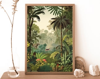 Affiche / Toile Jungle Tropicale Style Henri Rousseau - Oiseaux, Singes I99