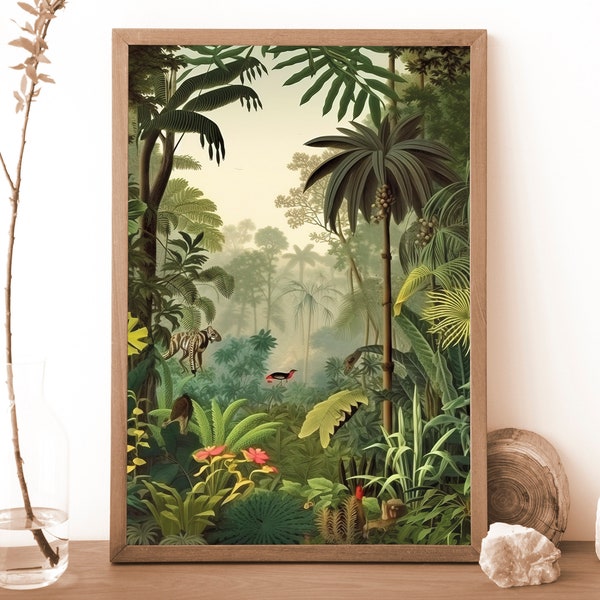 Henri Rousseau style. Jungle Poster,. Botanical Print. Floral Wall Art. French Home Decor. The Equatorial Jungle. Tropical Decor. Art Gift.