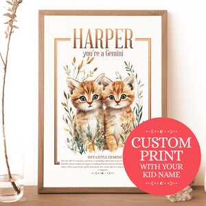 Impresión personalizada de bebé Géminis, horóscopo astrológico personalizado, regalo para padres recién nacidos, arte de bautizo, arte de pared para guardería, arte de habitación de bebé, decoración de guardería.