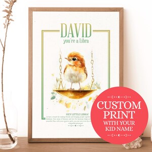 Impresión personalizada de bebé Libra, horóscopo astrológico personalizado, regalo para padres recién nacidos, arte de bautizo, arte de pared para guardería, arte de habitación de bebé, decoración de guardería.