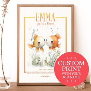 Impresión personalizada de bebé Piscis, horóscopo astrológico personalizado, regalo para padres recién nacidos, arte de bautizo, arte de pared para guardería, arte de habitación de bebé, decoración de guardería.