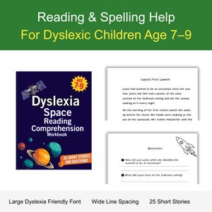 Op de afbeelding: Een leesbegripwerkboek getiteld Dyslexia Space met een donkerblauwe kaft met planeten en een ruimtestation. Het werkboek bevat 25 korte verhalen, een dyslexievriendelijk lettertype en ruime regelafstand voor kinderen van 7 tot 9 jaar oud.