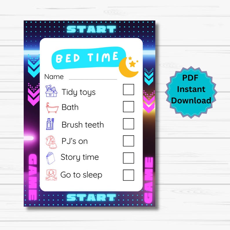 Video Game Bed Time Routine Chart Printable, Kids Routine Checklist ...