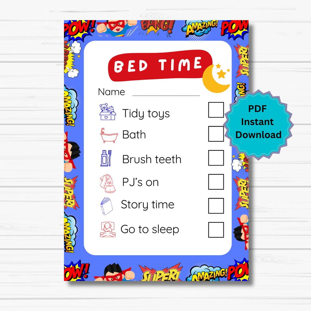 Super Hero Bed Time Routine Chart Printable, Kids Routine Checklist ...