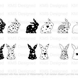 May include: A set of eight black and white bunny silhouettes with different patterns. The patterns include polka dots, hearts, and a patchwork design.