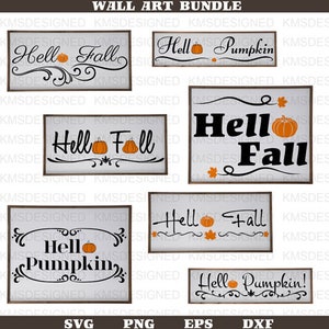 Puede incluir: Un conjunto de ocho archivos de corte digital para proyectos de manualidades. Los archivos presentan varios diseños de temática otoñal con el texto "Hello Fall", "Hello Pumpkin" y "Hello Fall" con un gráfico de calabaza.