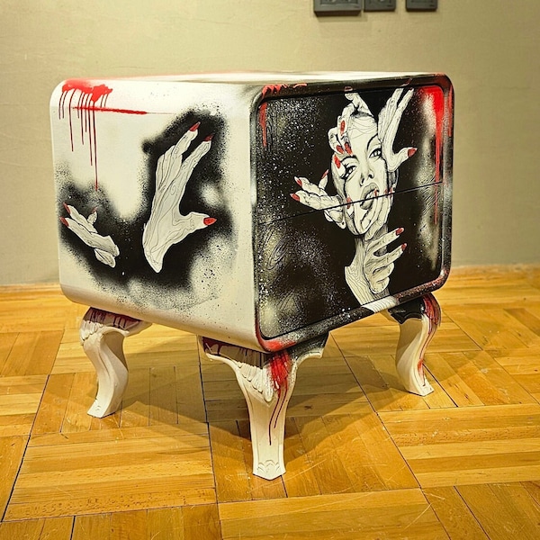 Hand Painting Nightstand, Oil Paintings, Abstract Decor, Small furniture with 2 drawers, Home Decor Painted Chest Table, Graffiti Furniture