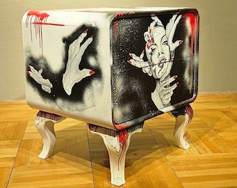 Hand Painting Nightstand, Oil Paintings, Abstract Decor, Small furniture with 2 drawers, Home Decor Painted Chest Table, Graffiti Furniture