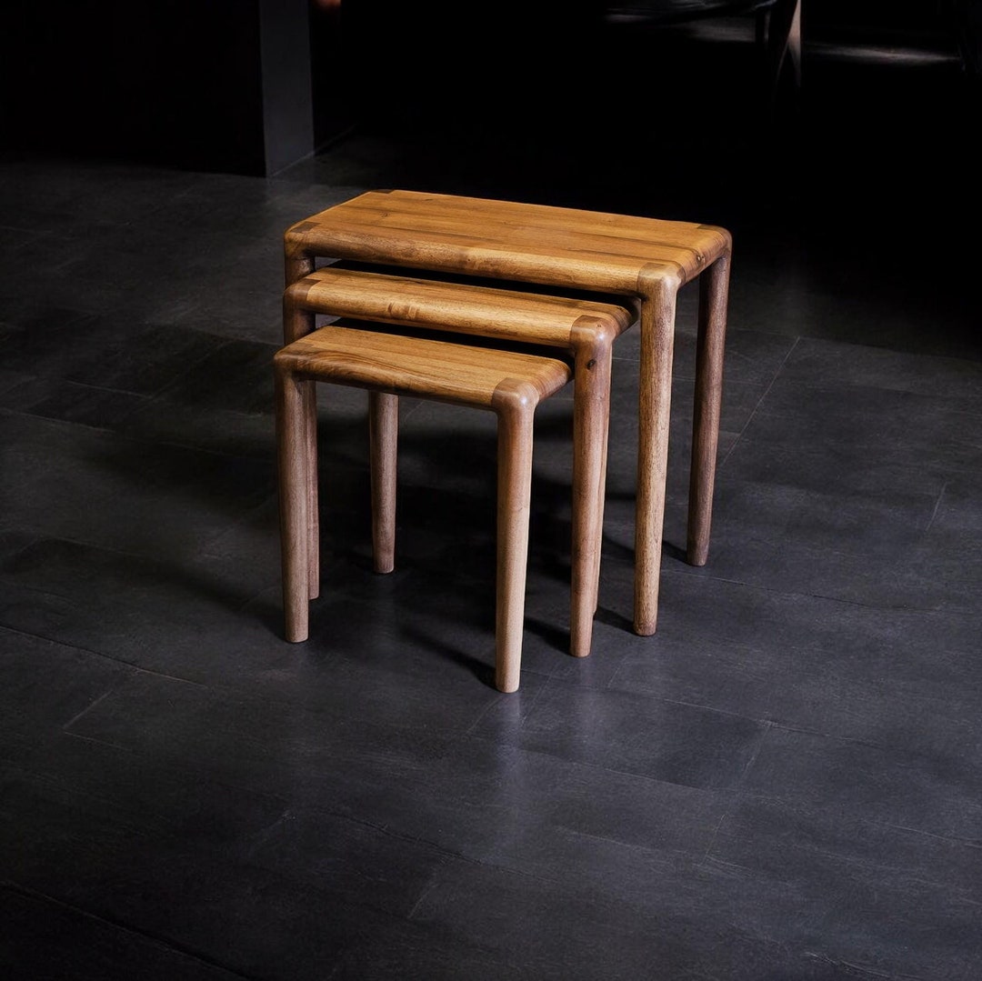 Solid Wood Nesting Table Set of 3, Walnut Wood Coffee Table, Modern Wood Coffee Table, Natural ...