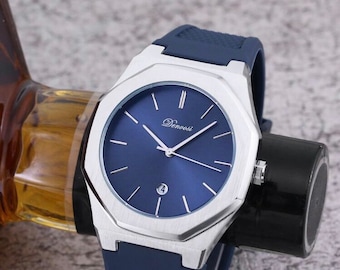 Orologio quadrante blu e argento cinturino in caucciù blu