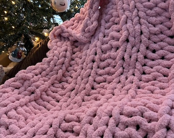Small Pink Chunky Hand Knit Blanket