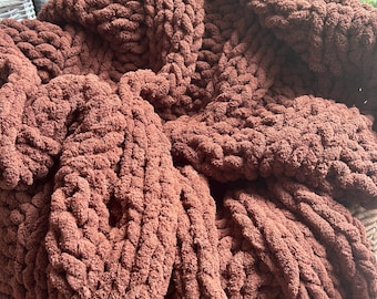 Large Brown Hand Knit Blanket - Cable Stitch