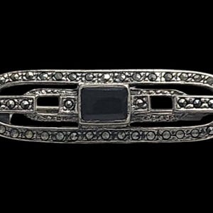 Vintage Sterling Silver, Black Onyx, and Marcasite Small Brooch Pin / Brooch