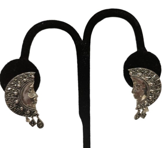 Vintage Sterling Silver and Marcasite Post Half Moon Earrings