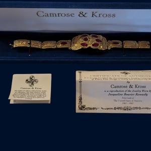 Camrose and Kross First Lady Jackie kennedy Gold plated Link Bracelet -Red Crystals - Signed JBK